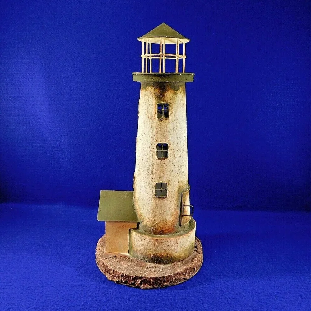 Large Painted Tin Lighthouse Votive Tealight Candle Holder 15" Beach Decor - Picture 3 of 11